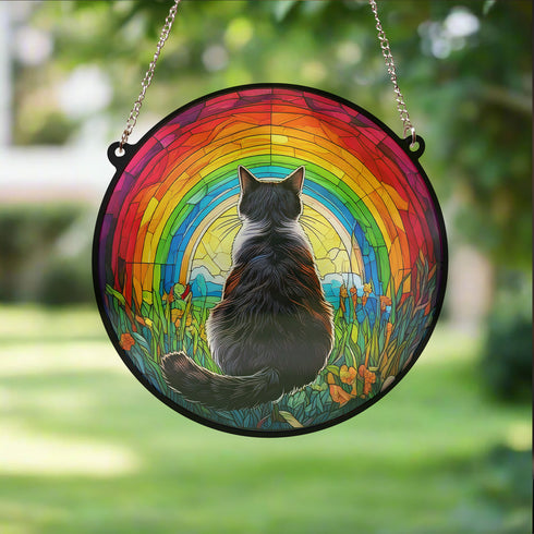 Black & White Cat Rainbow Bridge Stained Glass Effect Suncatcher